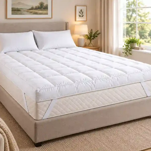 4 inch microfibre mattress topper on a bed with corner straps