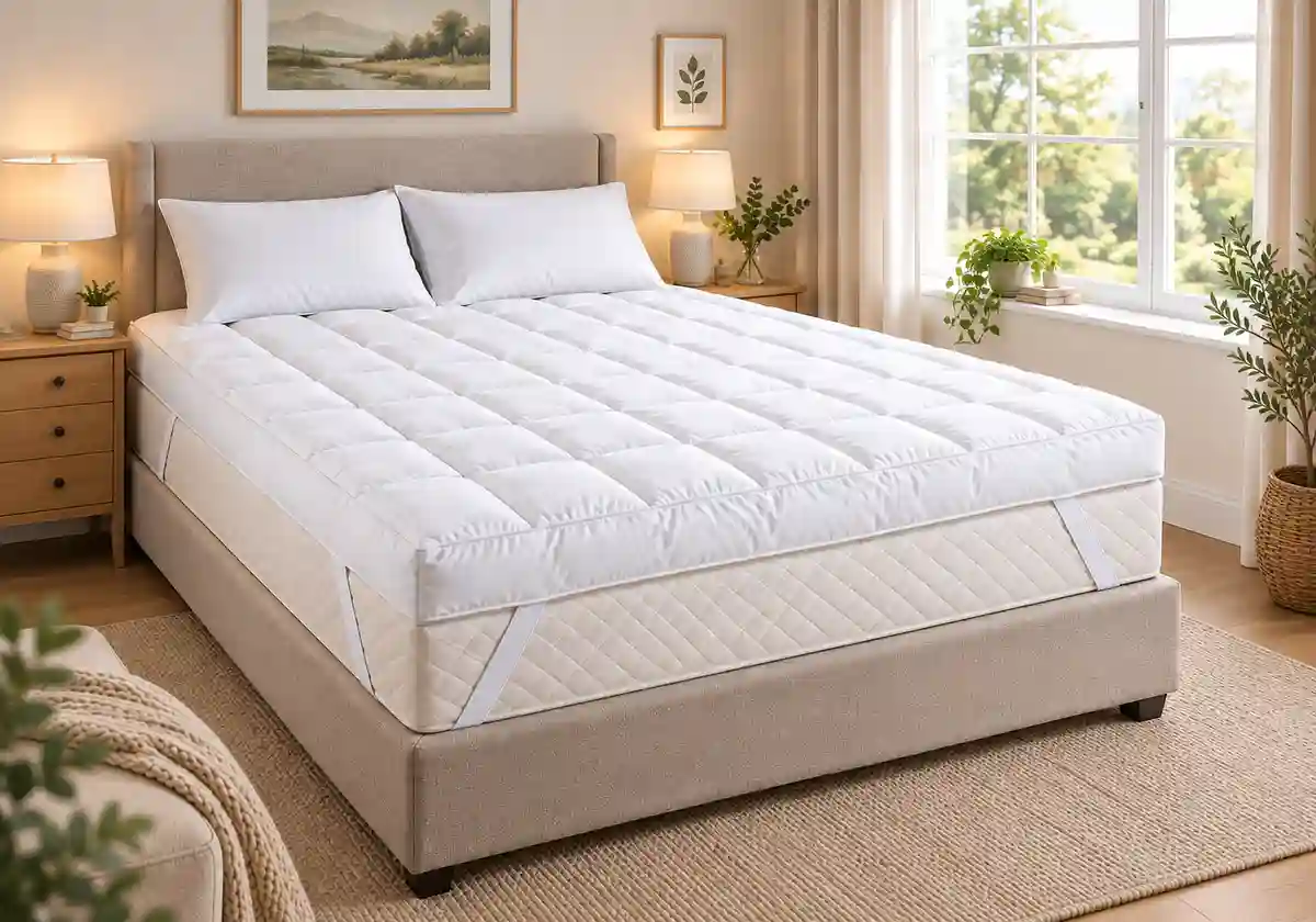 Microfibre mattress topper on bed Luxury Bedding Company 4 inch microfibre mattress topper on a bed with corner straps