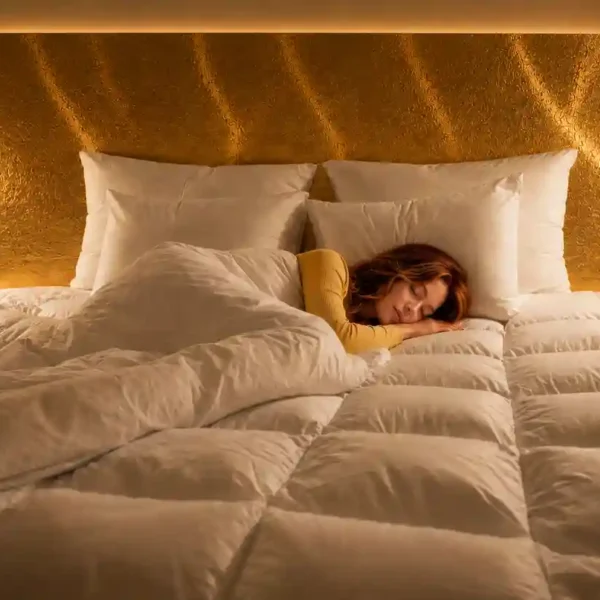 Woman sleeping under a Canadian goose down duvet in a warm luxury bedroom