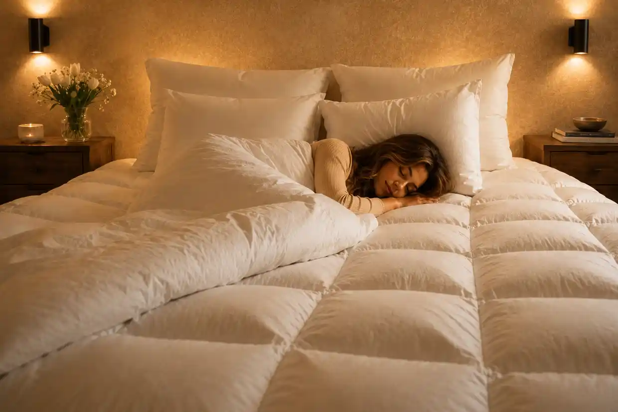 100% Hungarian Goose Down Duvet – In Use Luxury Bedding Company Woman sleeping under 100 hungarian goose down duvet