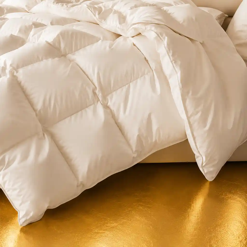 Double 9 Tog Canadian Goose Down Duvet – Baffle Box Design Luxury Bedding Company Double 9 tog canadian goose down duvet showing premium baffle box construction on a luxury bed