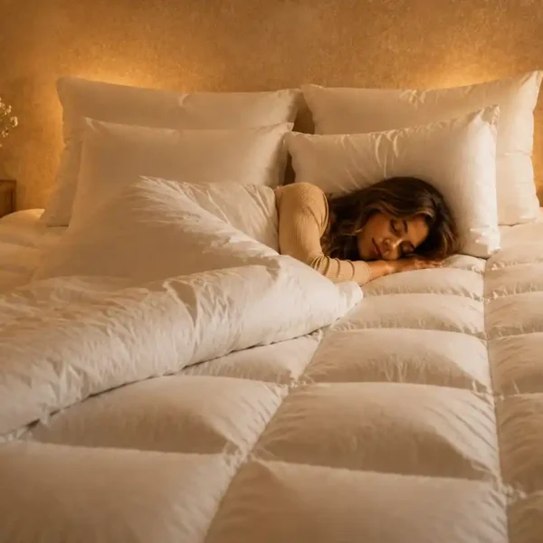 Woman sleeping under luxurious Superking Hungarian duvet 18 tog all seasons