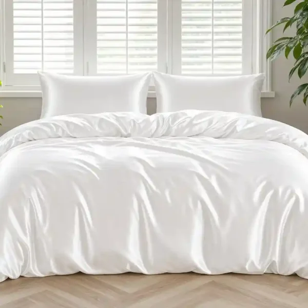 White organic bamboo duvet cover and pillowcases on a made bed
